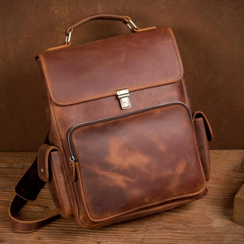 Brown Casual Leather Mens 13 inches School Backpack Travel Backpack Computer Backpack for Men
