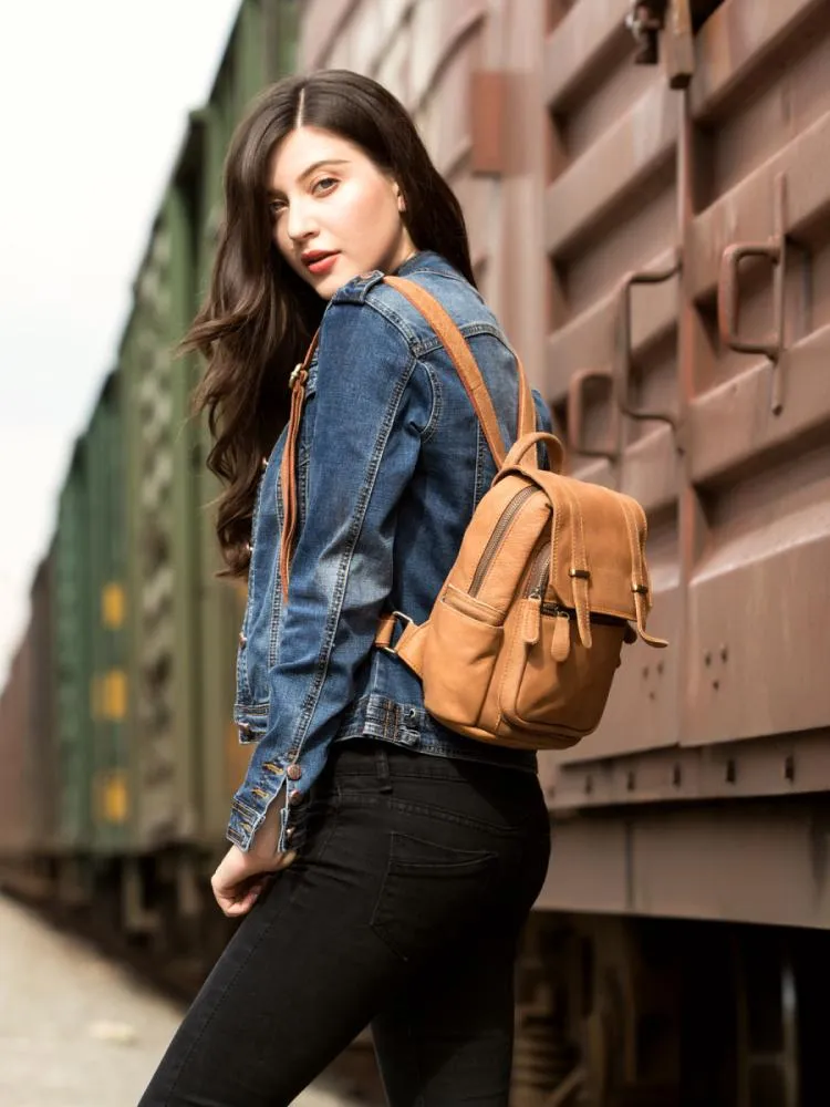 Brown Fashion Womens Leather 12-inch Small Computer Backpacks Laptop Backpacks School Backpack for Women