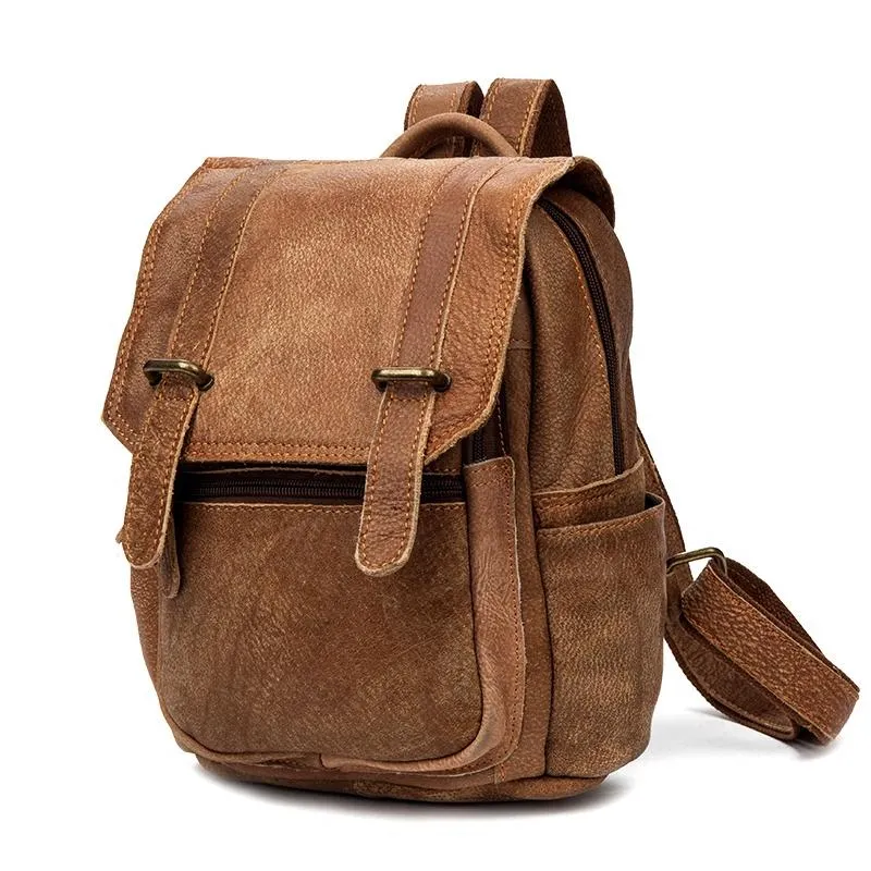 Brown Fashion Womens Leather 12-inch Small Computer Backpacks Laptop Backpacks School Backpack for Women