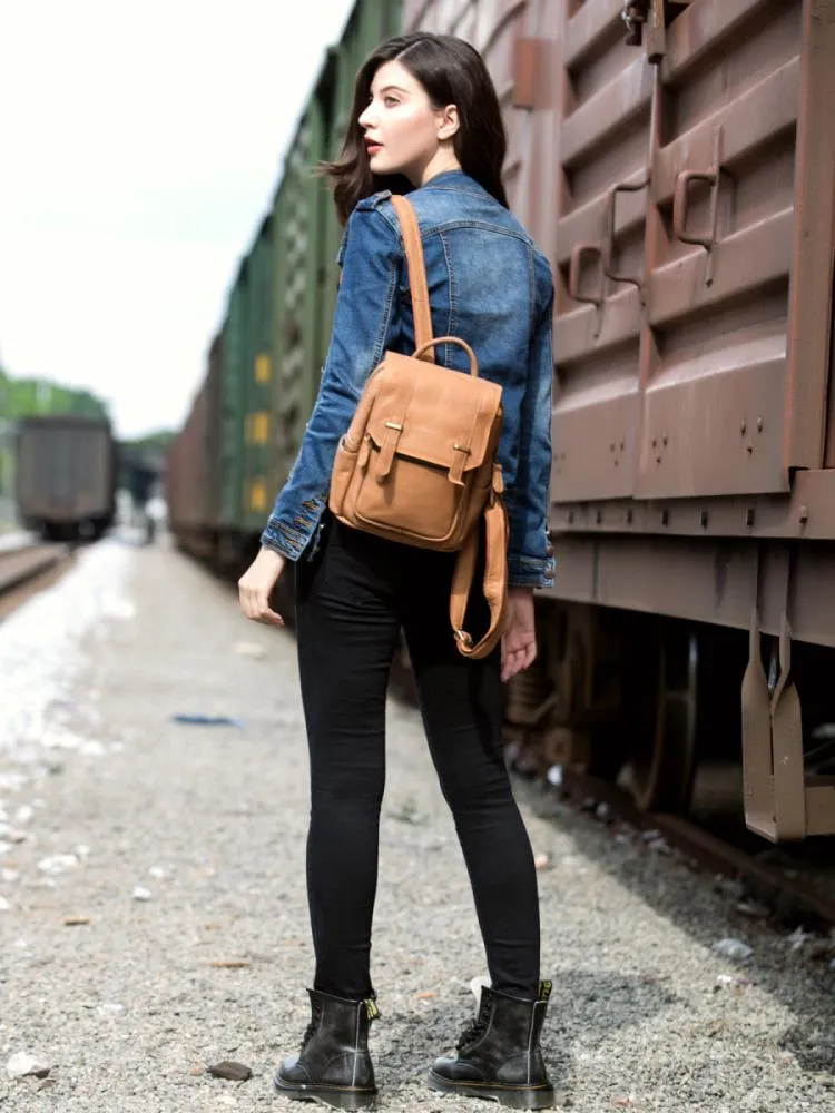 Brown Fashion Womens Leather 12-inch Small Computer Backpacks Laptop Backpacks School Backpack for Women