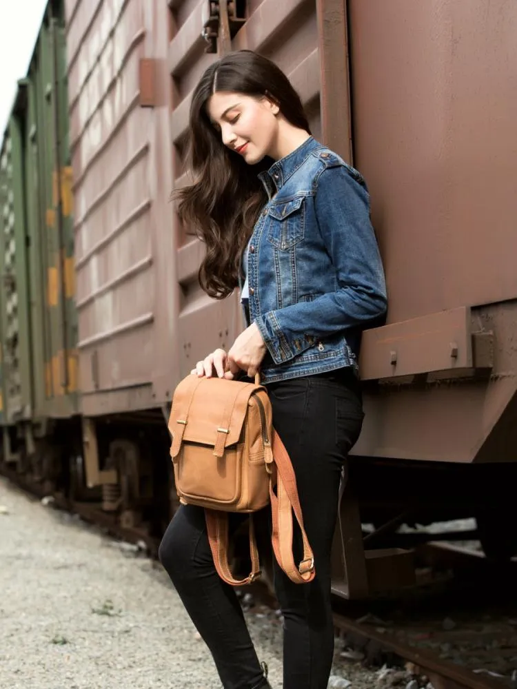 Brown Fashion Womens Leather 12-inch Small Computer Backpacks Laptop Backpacks School Backpack for Women