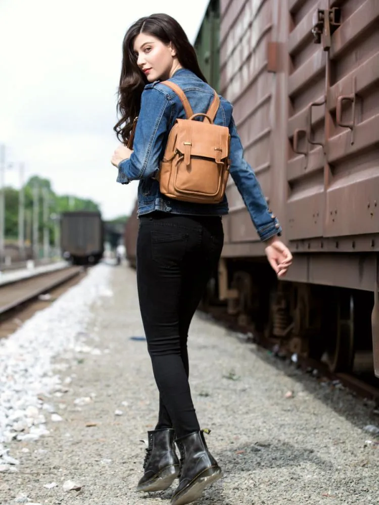 Brown Fashion Womens Leather 12-inch Small Computer Backpacks Laptop Backpacks School Backpack for Women