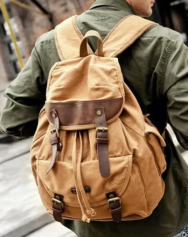 Canvas Leather Mens Women 16" Black Travel Backpack Khaki Computer Bag College Backpack for Men