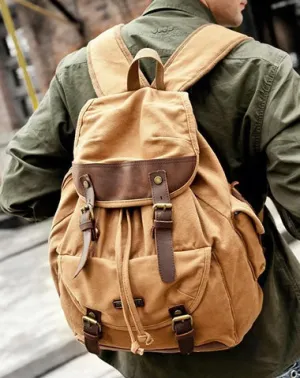 Canvas Leather Mens Women 16" Black Travel Backpack Khaki Computer Bag College Backpack for Men