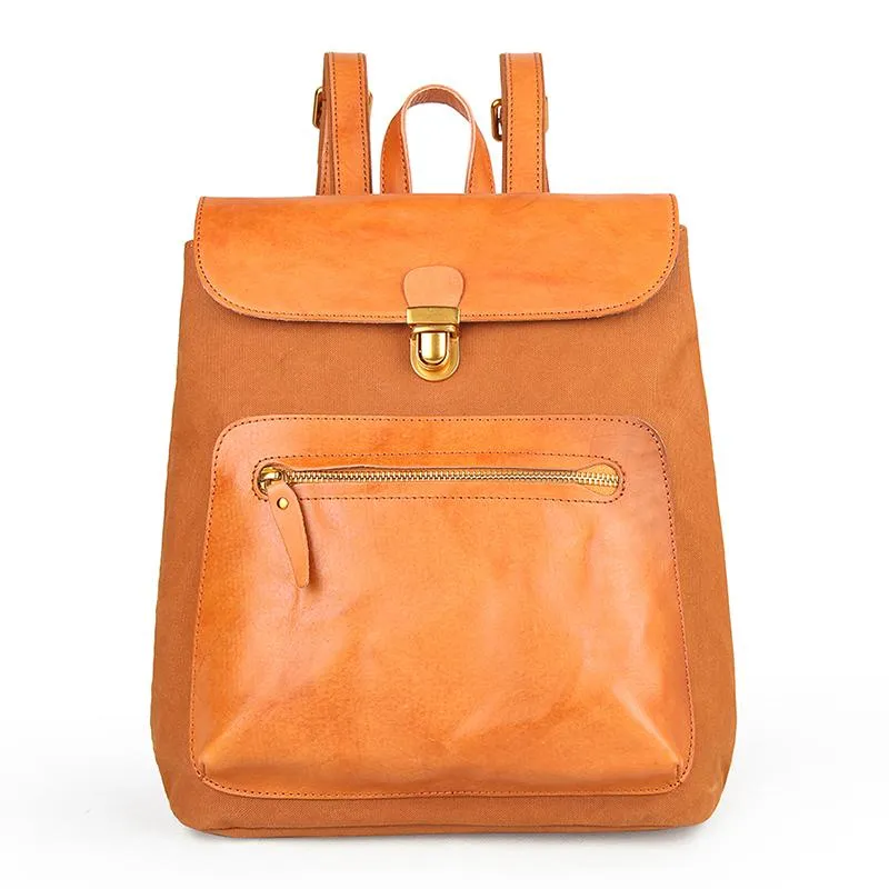 Canvas Leather Mens Women Student Backpack Army Green Travel Backpack Caramel College Backpack for Men