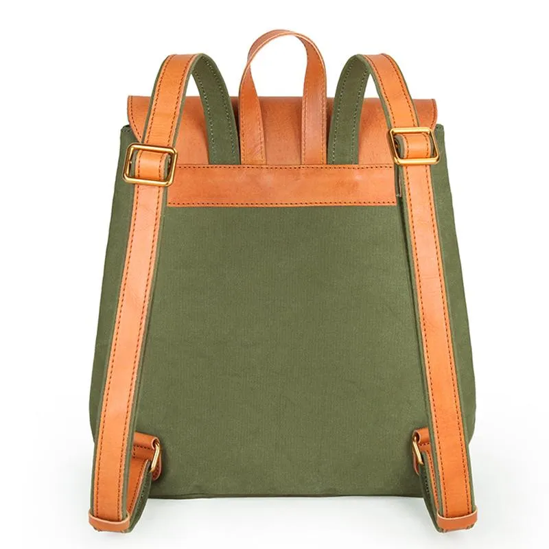Canvas Leather Mens Women Student Backpack Army Green Travel Backpack Caramel College Backpack for Men