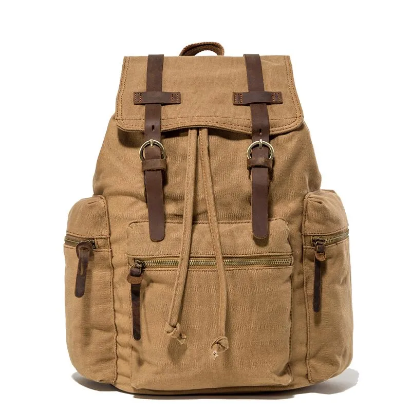 Canvas Leather Women Mens 14" Khaki Travel Backpack Green Computer Bag Black College Backpack for Men