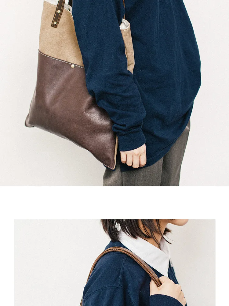 Canvas Tote Bags Khaki&Coffee Canvas Leather Handbag Womens Canvas Leather Tote Bags for Men