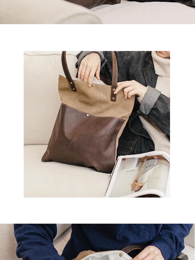 Canvas Tote Bags Khaki&Coffee Canvas Leather Handbag Womens Canvas Leather Tote Bags for Men