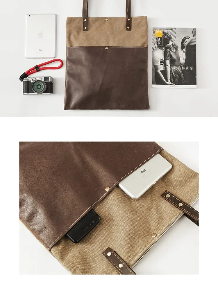 Canvas Tote Bags Khaki&Coffee Canvas Leather Handbag Womens Canvas Leather Tote Bags for Men