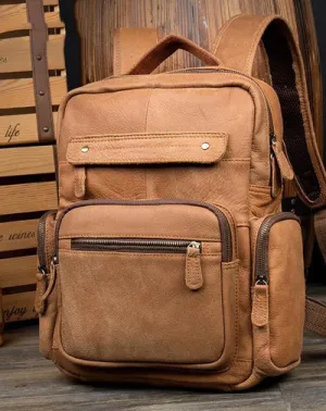 Casual Khaki Leather Mens 13 inches School Backpacks Tan Computer Backpack for Men