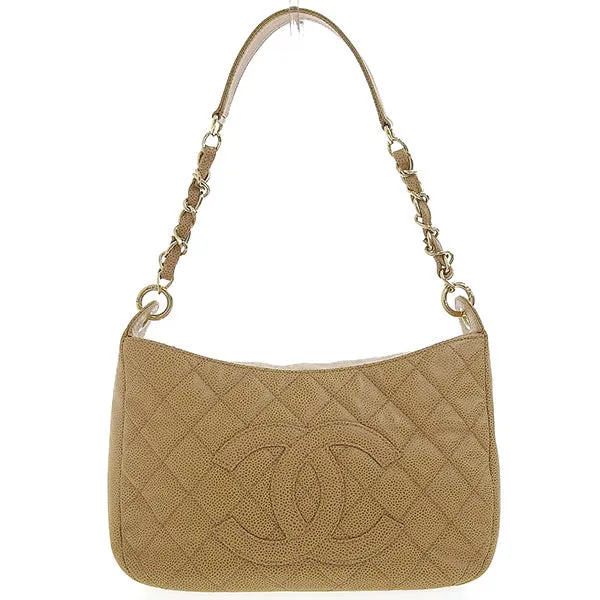 CHANEL Around 2003 Made Caviar Skin Cc Mark Stitch Shoulder Bag Beige