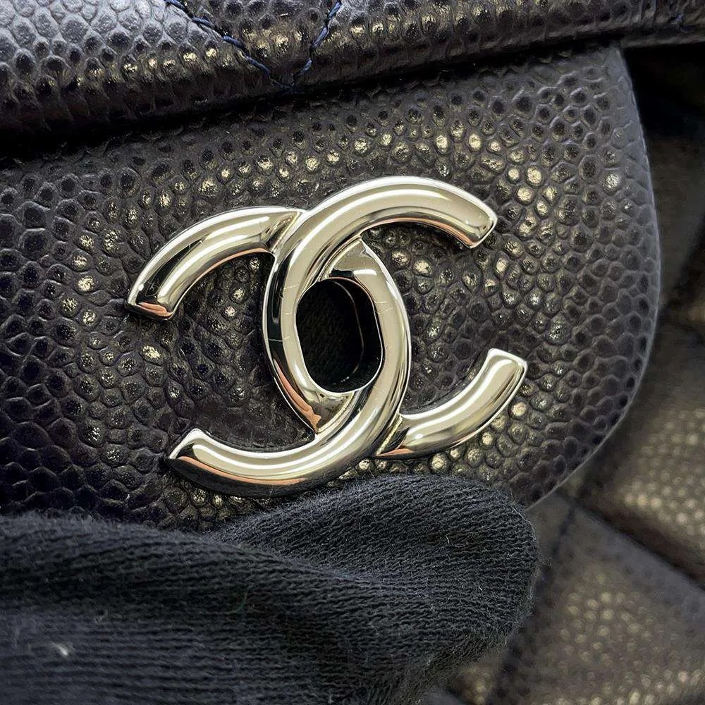 CHANEL Matelasse W Flap ChainShoulder Bag Navy A58600 Caviar Leather Size 30
