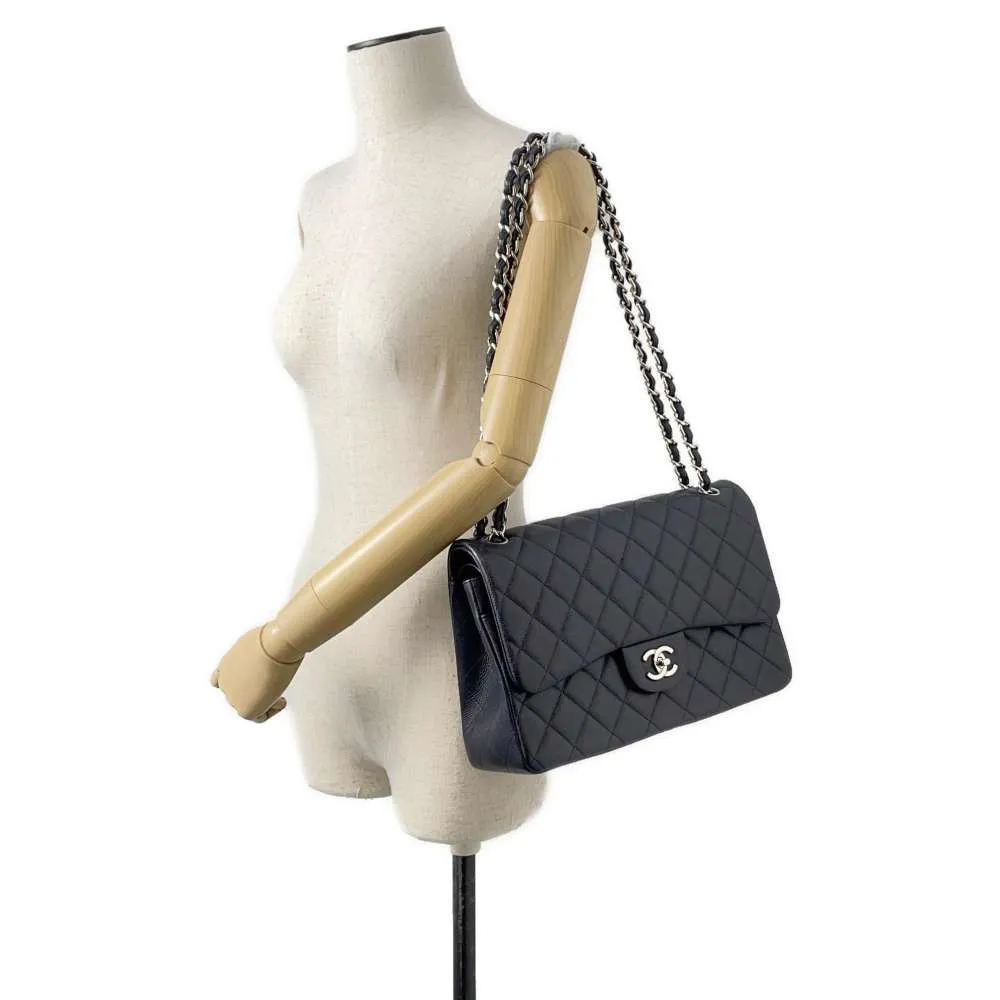 CHANEL Matelasse W Flap ChainShoulder Bag Navy A58600 Caviar Leather Size 30
