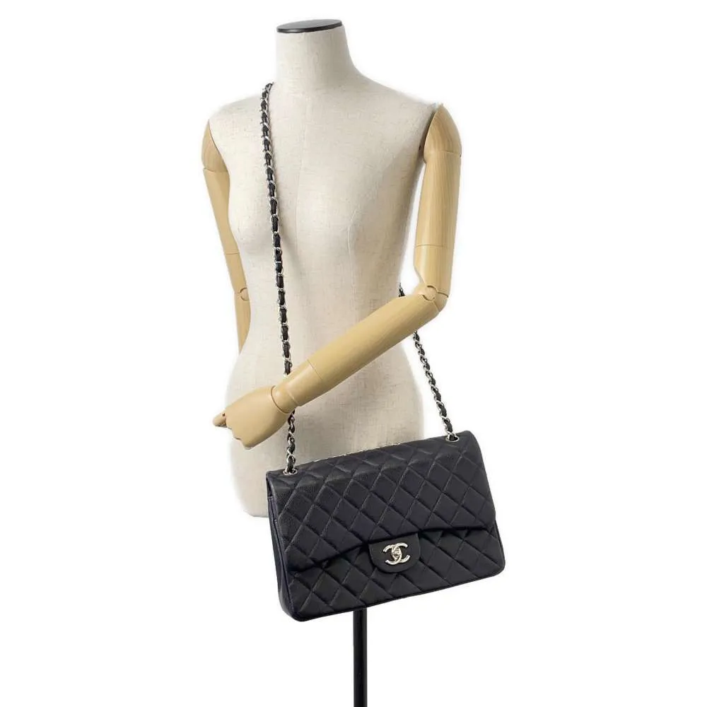 CHANEL Matelasse W Flap ChainShoulder Bag Navy A58600 Caviar Leather Size 30