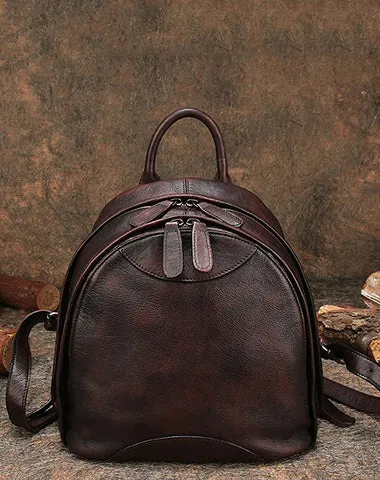 Classic Brown Leather Small Rucksack Womens Compact Leather Backpack Ladies Backpack Purse