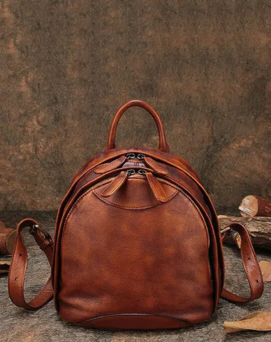 Classic Brown Leather Small Rucksack Womens Compact Leather Backpack Ladies Backpack Purse