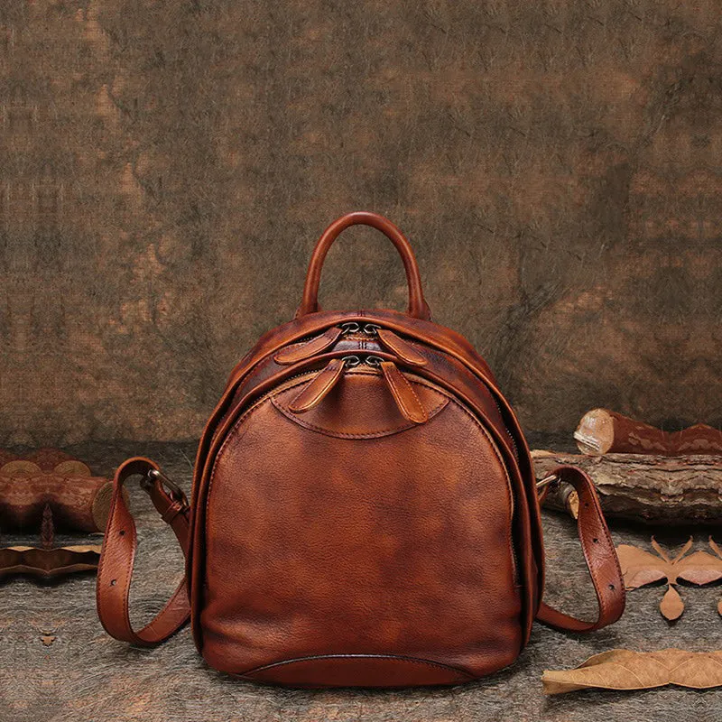 Classic Brown Leather Small Rucksack Womens Compact Leather Backpack Ladies Backpack Purse