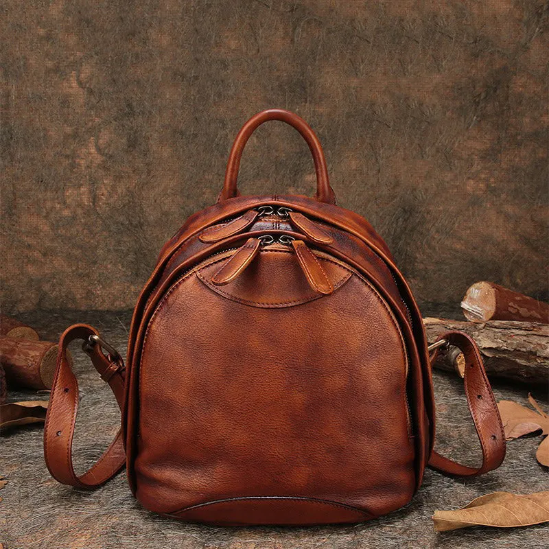 Classic Brown Leather Small Rucksack Womens Compact Leather Backpack Ladies Backpack Purse