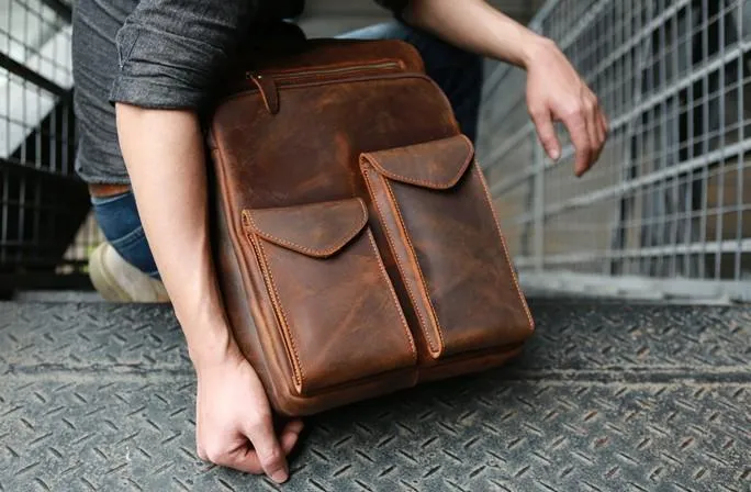 Cool Brown Leather Mens Backpack Travel Backpacks Laptop Backpack for men