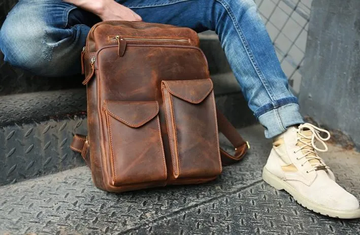 Cool Brown Leather Mens Backpack Travel Backpacks Laptop Backpack for men
