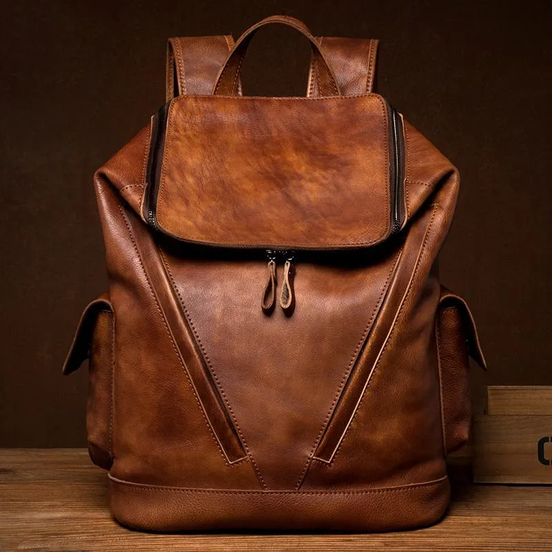 Cool Brown Mens Leather 15-inch Computer Backpacks Fashion Travel Backpacks School Backpack for men