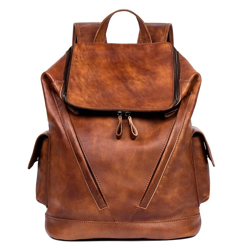Cool Brown Mens Leather 15-inch Computer Backpacks Fashion Travel Backpacks School Backpack for men