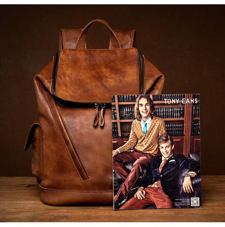 Cool Brown Mens Leather 15-inch Computer Backpacks Fashion Travel Backpacks School Backpack for men