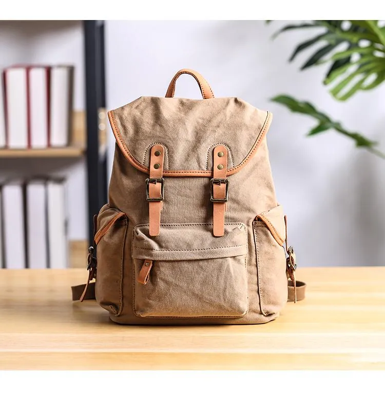 Cool Canvas Leather Mens Womens 13'' White Backpack Khaki Travel Backpack College Backpack  for Men