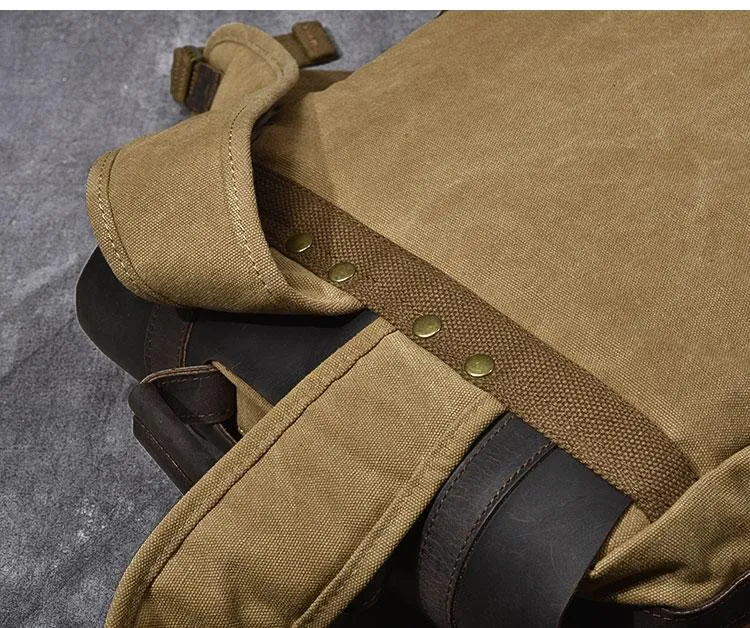 Cool Canvas Leather Mens Womens 15" Khaki Backpack Gray Travel Backpack College Backpack for Men