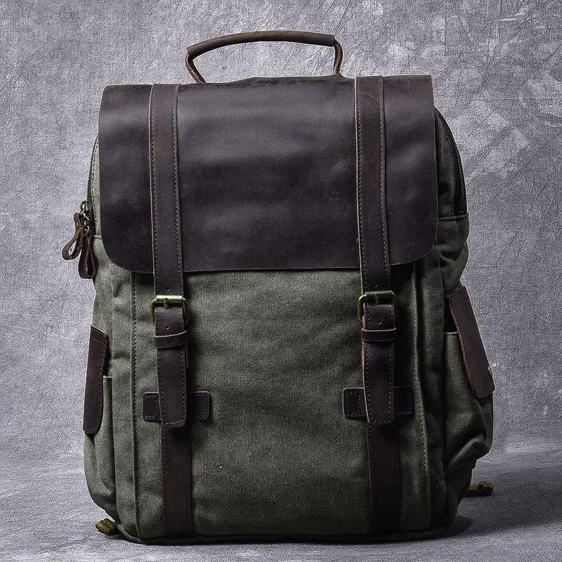 Cool Canvas Leather Mens Womens 15" Khaki Backpack Gray Travel Backpack College Backpack for Men