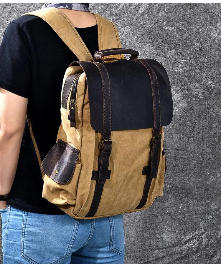 Cool Canvas Leather Mens Womens 15" Khaki Backpack Gray Travel Backpack College Backpack for Men