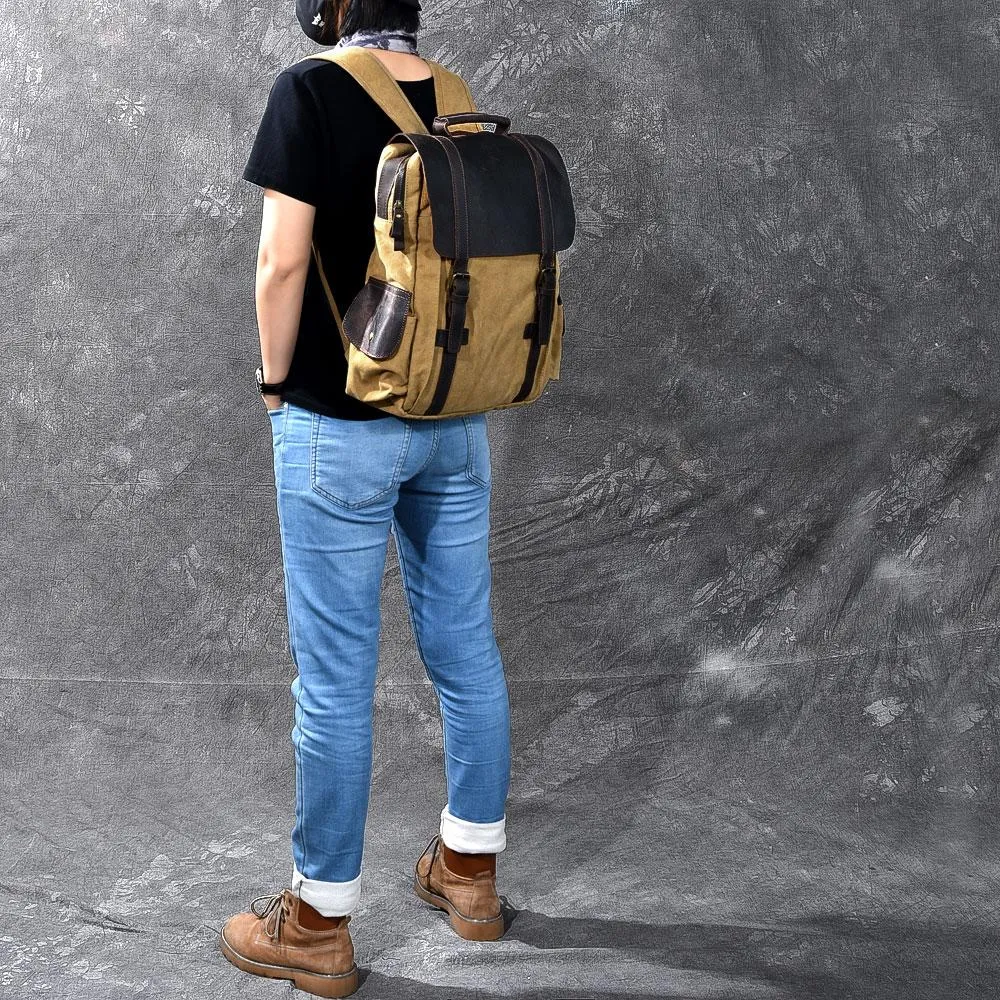 Cool Canvas Leather Mens Womens 15" Khaki Backpack Gray Travel Backpack College Backpack for Men