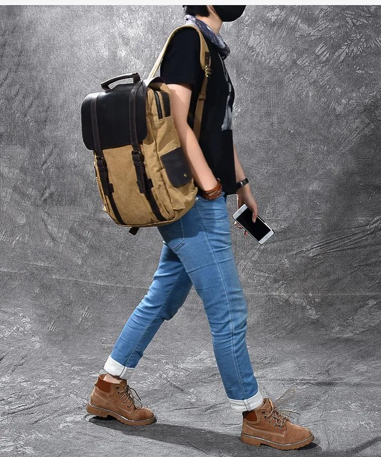 Cool Canvas Leather Mens Womens 15" Khaki Backpack Gray Travel Backpack College Backpack for Men