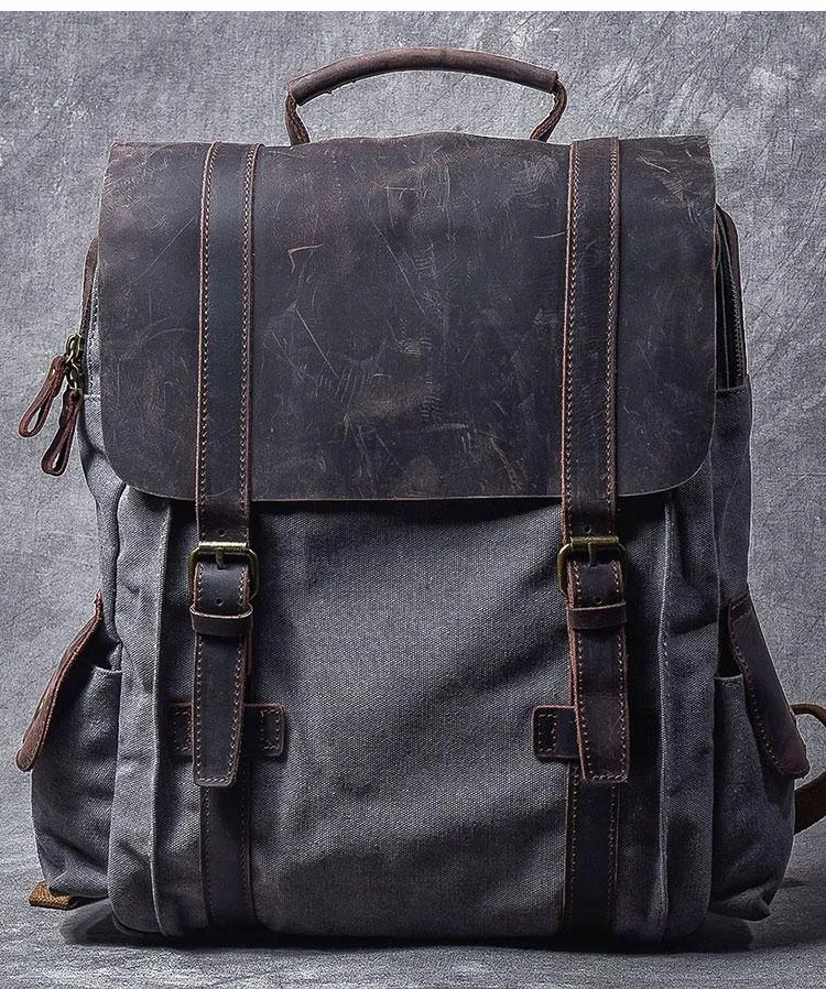 Cool Canvas Leather Mens Womens 15" Khaki Backpack Gray Travel Backpack College Backpack for Men