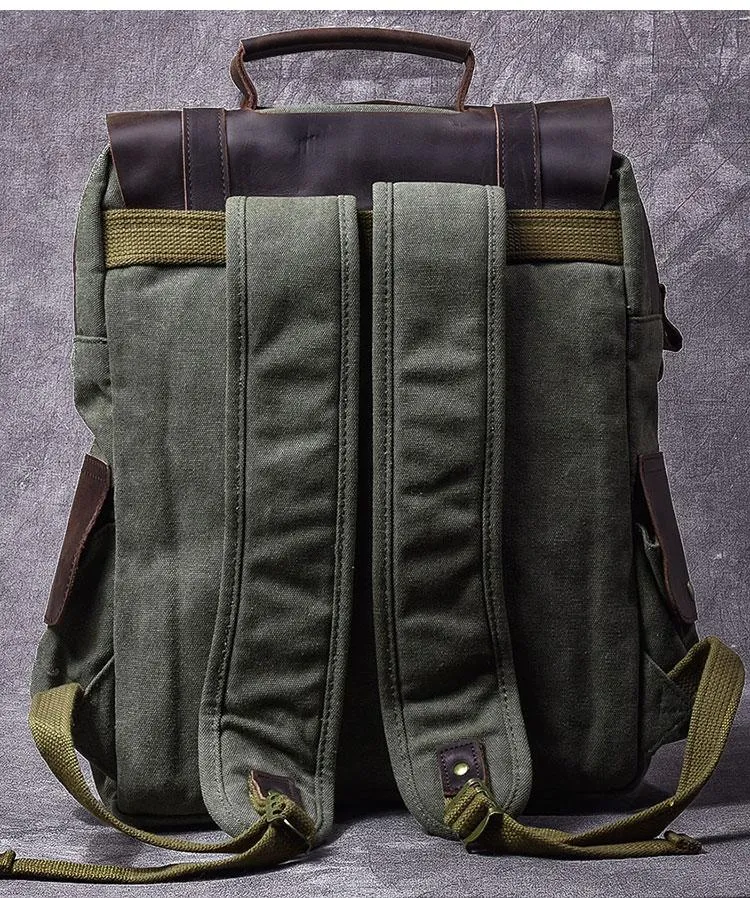 Cool Canvas Leather Mens Womens 15" Khaki Backpack Gray Travel Backpack College Backpack for Men