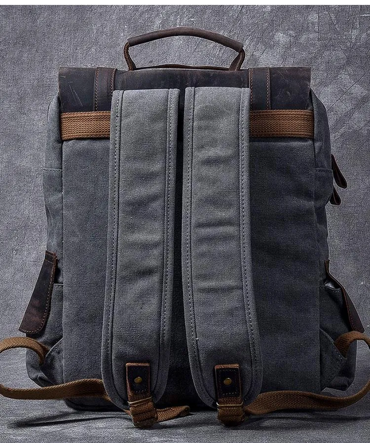 Cool Canvas Leather Mens Womens 15" Khaki Backpack Gray Travel Backpack College Backpack for Men