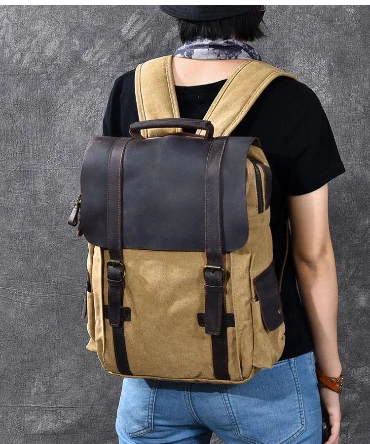 Cool Canvas Leather Mens Womens 15" Khaki Backpack Gray Travel Backpack College Backpack for Men