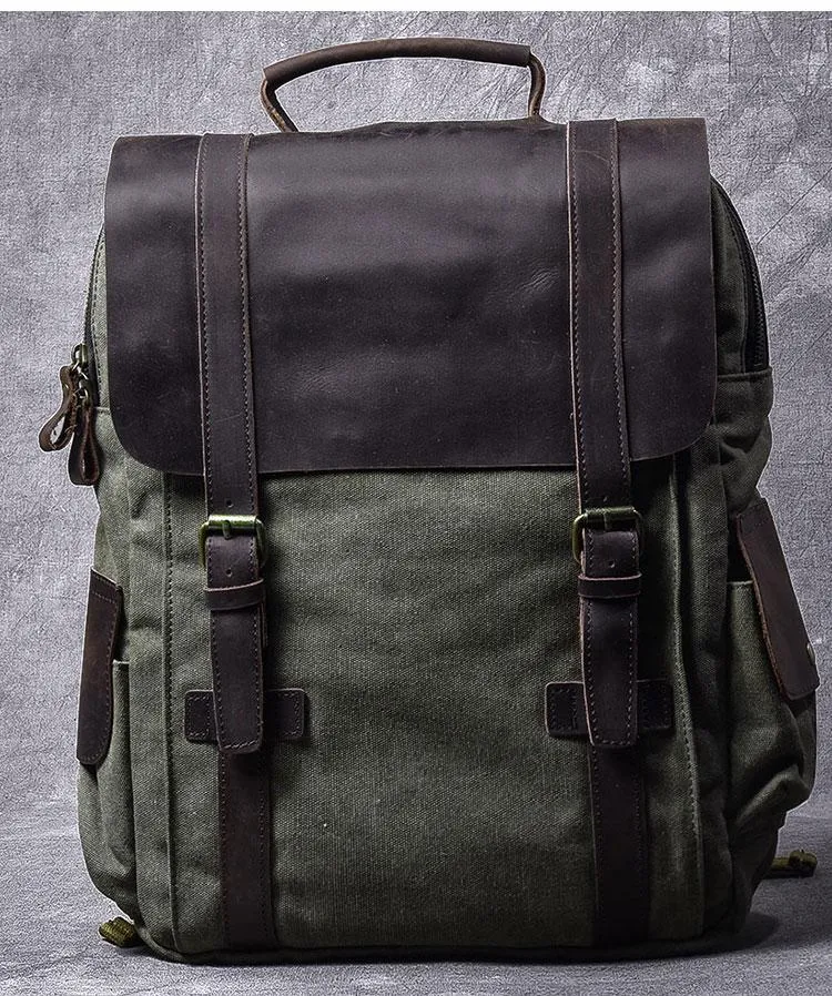 Cool Canvas Leather Mens Womens 15" Khaki Backpack Gray Travel Backpack College Backpack for Men