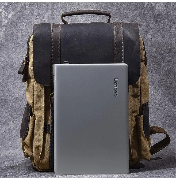 Cool Canvas Leather Mens Womens 15" Khaki Backpack Gray Travel Backpack College Backpack for Men
