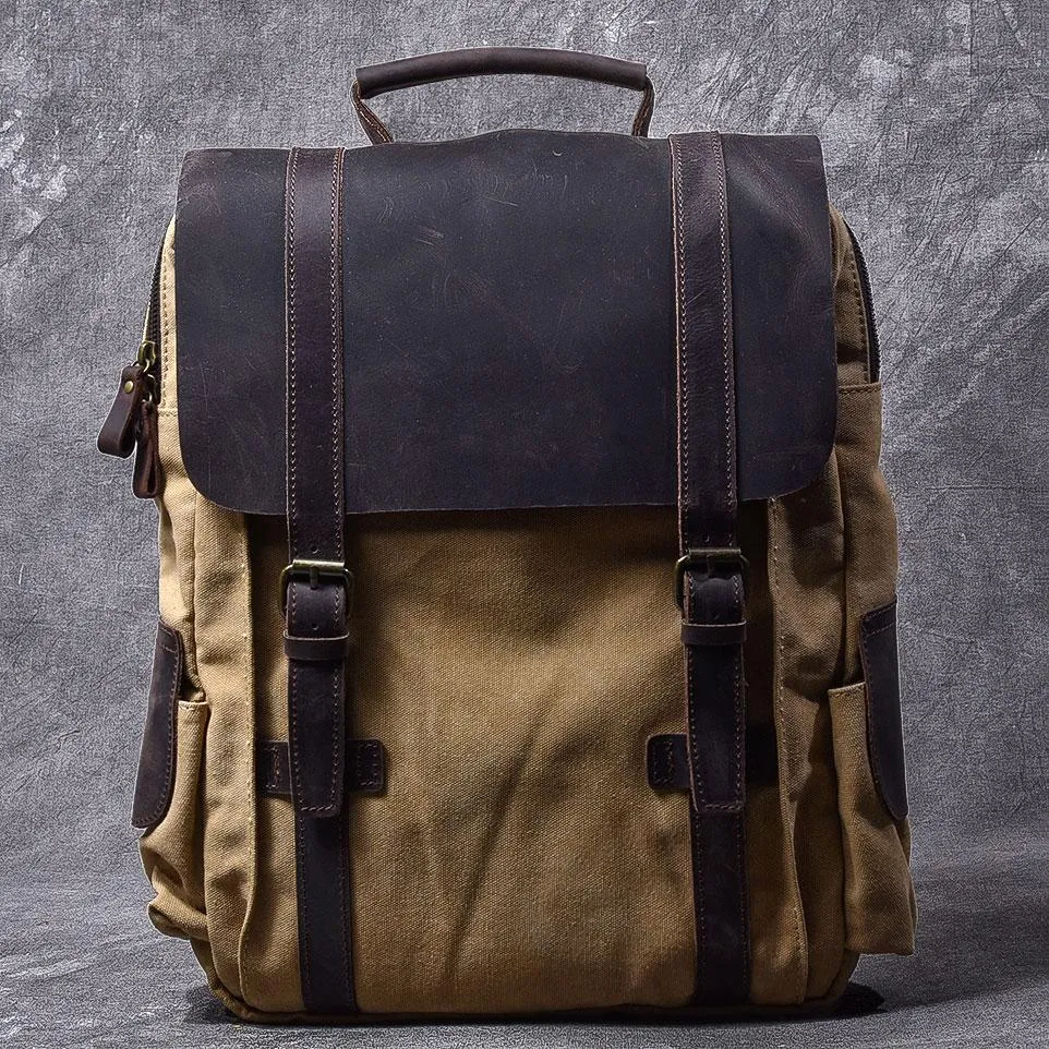 Cool Canvas Leather Mens Womens 15" Khaki Backpack Gray Travel Backpack College Backpack for Men
