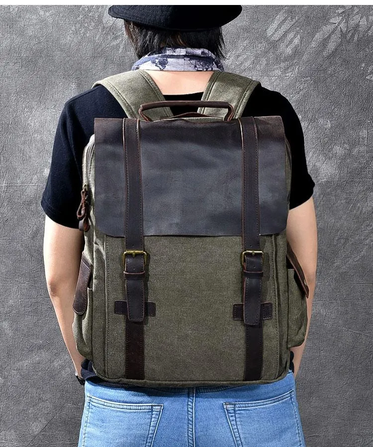Cool Canvas Leather Mens Womens 15" Khaki Backpack Gray Travel Backpack College Backpack for Men