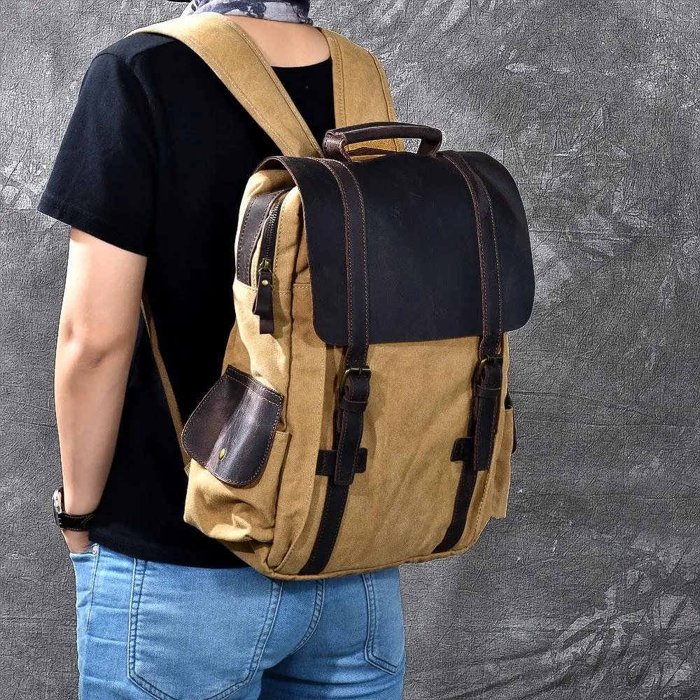 Cool Canvas Leather Mens Womens 15" Khaki Backpack Gray Travel Backpack College Backpack for Men