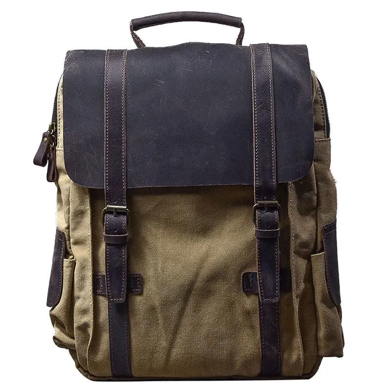 Cool Canvas Leather Mens Womens 15" Khaki Backpack Gray Travel Backpack College Backpack for Men