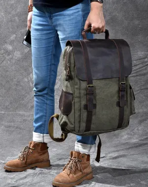 Cool Canvas Leather Mens Womens 15" Khaki Backpack Gray Travel Backpack College Backpack for Men