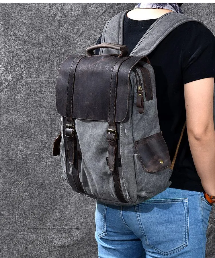 Cool Canvas Leather Mens Womens 15" Khaki Backpack Gray Travel Backpack College Backpack for Men