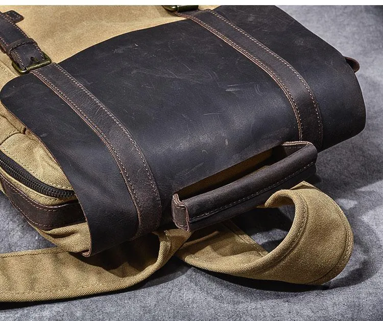 Cool Canvas Leather Mens Womens 15" Khaki Backpack Gray Travel Backpack College Backpack for Men
