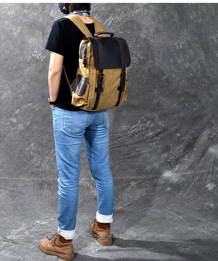 Cool Canvas Leather Mens Womens 15" Khaki Backpack Gray Travel Backpack College Backpack for Men