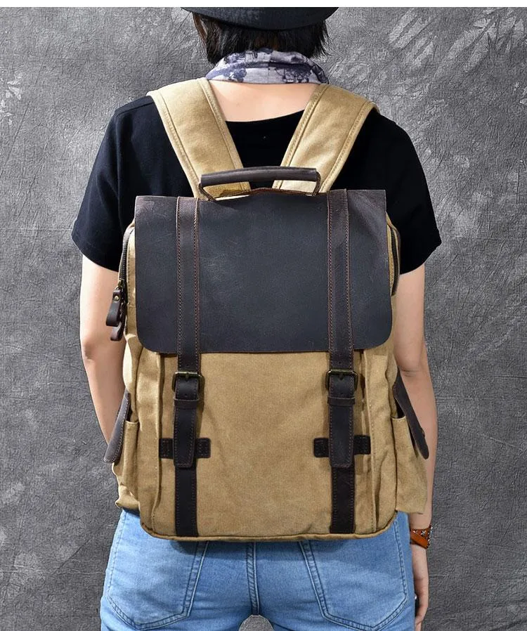 Cool Canvas Leather Mens Womens 15" Khaki Backpack Gray Travel Backpack College Backpack for Men