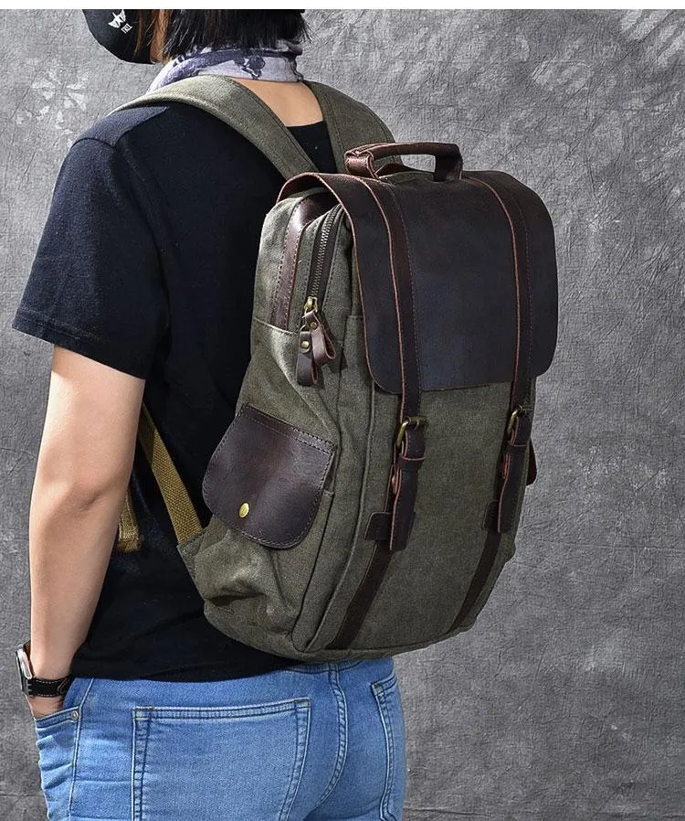 Cool Canvas Leather Mens Womens 15" Khaki Backpack Gray Travel Backpack College Backpack for Men